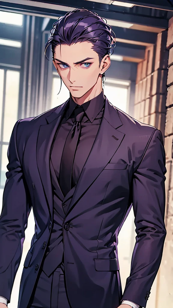 Man, blue eyes, purple slicked back hair, navy blue checked suit, upper body