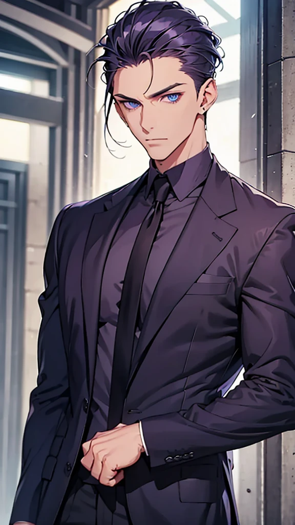 Man, blue eyes, purple slicked back hair, navy blue checked suit, upper body