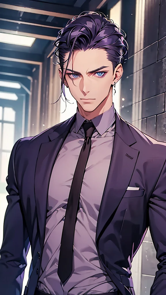 Man, blue eyes, purple slicked back hair, navy blue checked suit, upper body