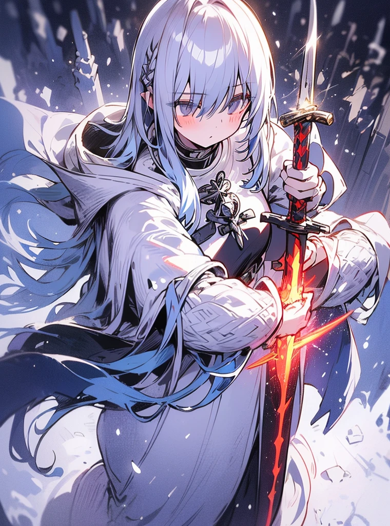 (Late afternoon,dense atmosphere,cold,sensual,medieval,hurricane,lightning,snowing,snow),(8k highly detailed),woman, white hooded cloak, long white hair,full body silver armor,weary,masterpiece,mature,slender,tall,(((((holding a sacred sword)))))