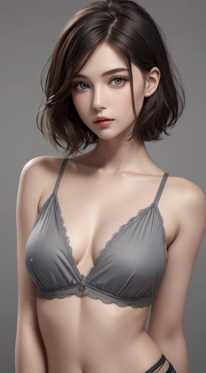 8K Ultra HD、RAWphotograph、モデルphotograph撮影、 European laceasterpiece、Highest quality、Realistic、High resolution、photograph:1.3)、close、focus on、Hot Model、slim、30 year old mature woman、Small face、No makeup、short hair、Beautiful dark brown Hayne eyes、Real Skin、(Perfect body)、Beautiful eyes in every detail、Glossy Lips、Small breasts、Small breasts、Bust B cup、Realistic details、Cool Beauty、Cool pose、Background gray、Plain gray background、
