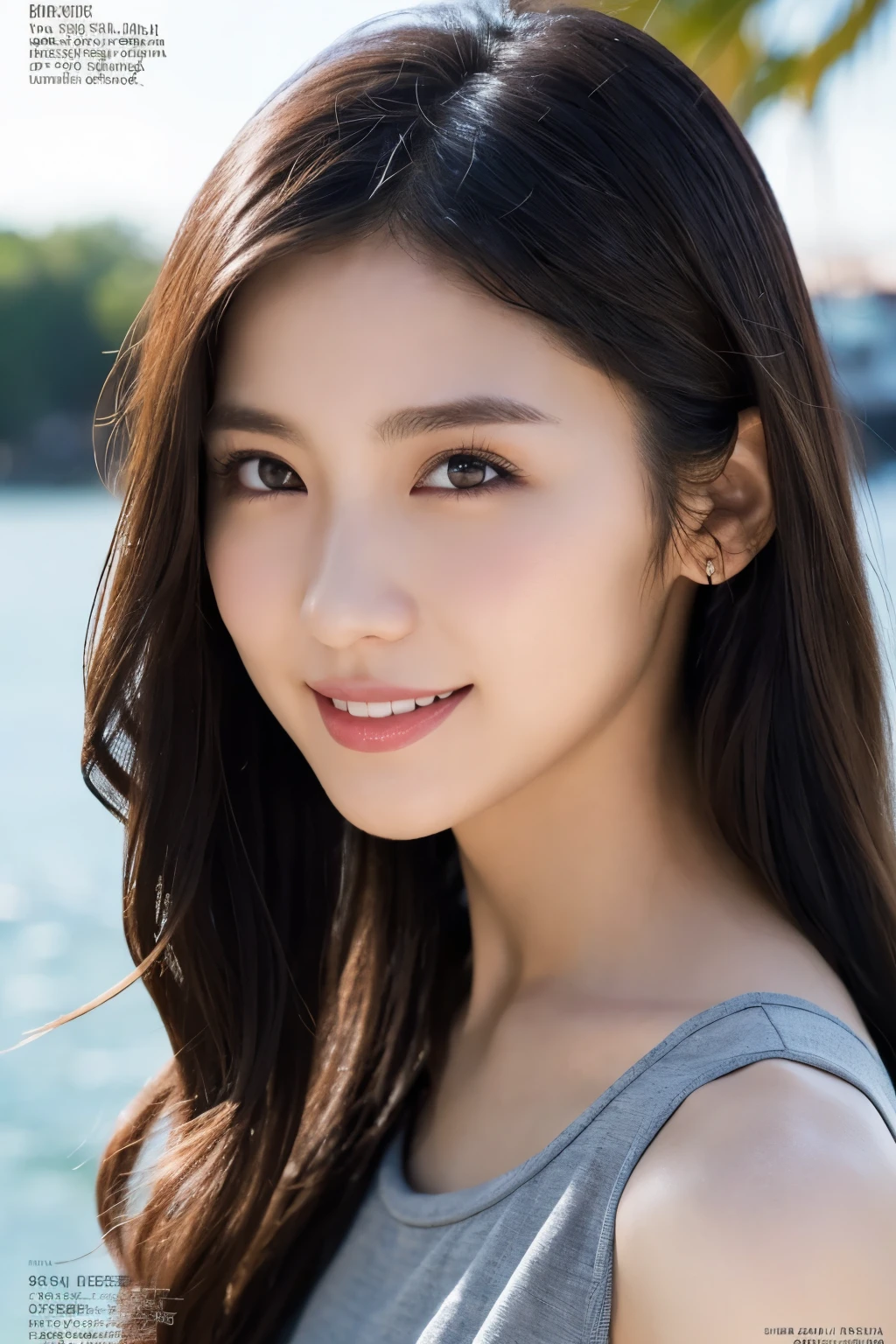 1 Girl, (Wearing a gray dress:1.2), (Supercluster), Very beautiful Japanese idol portraits,
(RAW Photos, Highest quality), (Realistic, Realistic:1.4), (masterpiece),
Very delicate and beautiful, Very detailed, 2k wallpaper, wonderful, finely, Very detailed CG Unity 8K wallpaper, Very detailed, High resolution, Soft Light,
Beautiful detailed girl, Very detailed eyes and face, Beautiful and sophisticated nose, Beautiful and beautiful eyes, Cinema Lighting,
(Fashion magazine photography:1.3), (Outdoor), (night lighting), (Waterfront),
(Semi-long hair),
Complete Anatomy, Slender body, Small breasts, smile