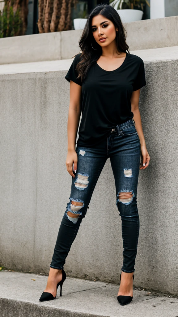 Latina woman 25 years old ,stable model , with black t-shirt and ripped jeans black high heels
