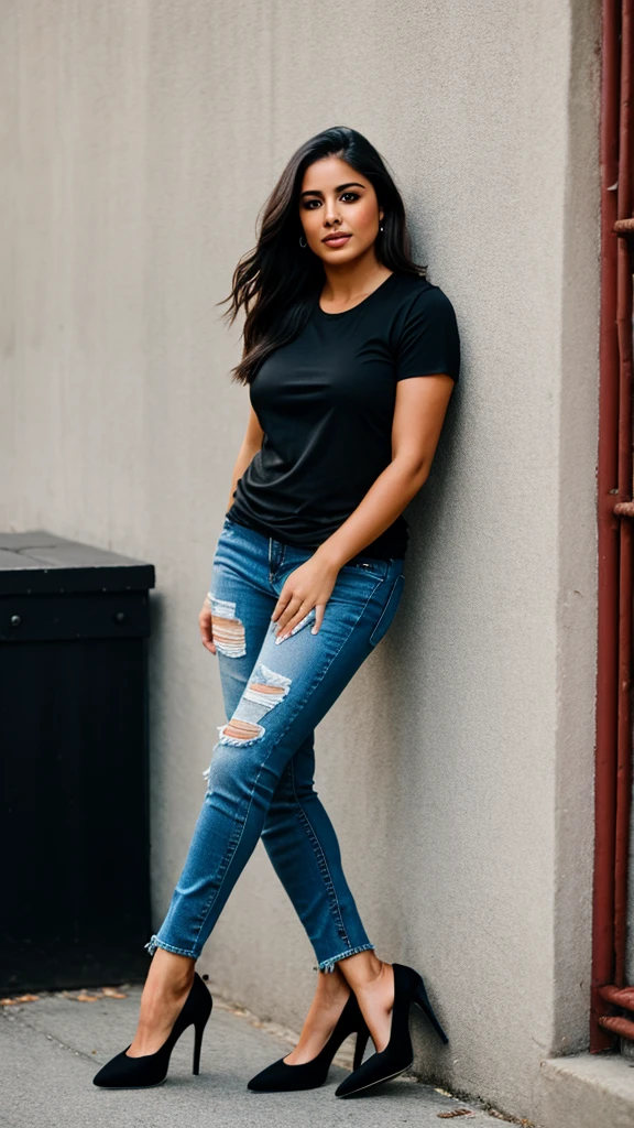 Latina woman 25 years old ,stable model , with black t-shirt and ripped jeans black high heels