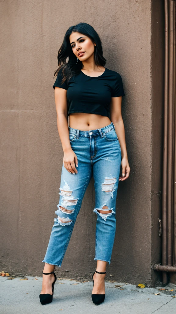 Latina woman 25 years old ,stable model , with black t-shirt and ripped jeans black high heels