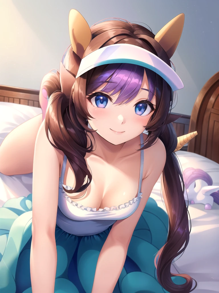 (masterpiece:1.3), (absurdres:1.3), (best quality:1.3), (ultra-detailed:1.3),(best shadow:0.7), (handled hair), perfect anatomy, 1pony, solo, double bun, visor cap, hair bun, long_twintails, brown hair, blue eyes, hair between eyes, large breasts, sightly smile, nuisette, wearing a nuisette, see-through, see-through silhouette, revealing clothes, armpits, arm behind head, all fours, on bed, leaning forward viewer, pov, close-up, from below, upper body, (((my little pony:1.4)))