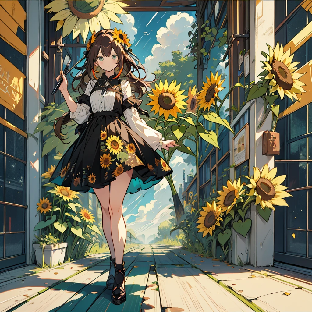 kawaii, anime, Cute, hyper quality, highly detailed, 16k, Front facing, Clarity, full body, one girl, brown long hair, green eyes, sunflower, countless sunflowers, surrounded by sunflowers, Trapped inside a Van Gogh painting, ephemeral, paint, paint, brush, canvas, art supplies, oil, wonder, mysterious, rainbow colored sunflowers, Richly colored, Brightly colored sunflowers, highlight on eyes, long hair, splattered ink, scribble, handwriting, color palette, dark brown hair, long hair flowing, Draw eyes clearly, art, Atelier, 	