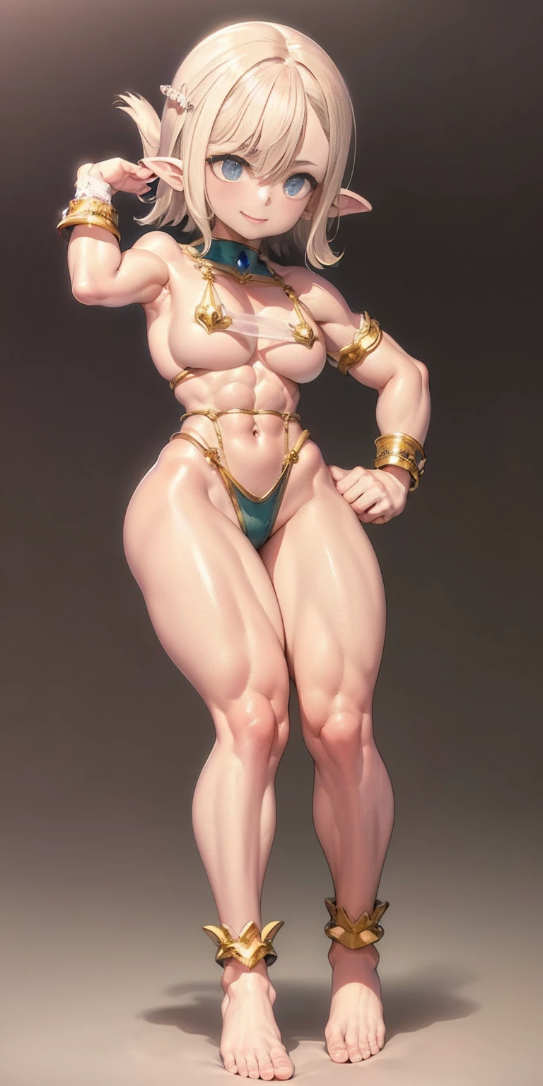 Scenary: Plain background Character: Solo Female elf smile mouth closed: Body, full body toe to head: Tall and slim with an hourglass figure Toned and muscular physique Slender abs Perfect anatomy (hands on hips, good hands, best hands) shackles wristbands bracers bracelets sleeves