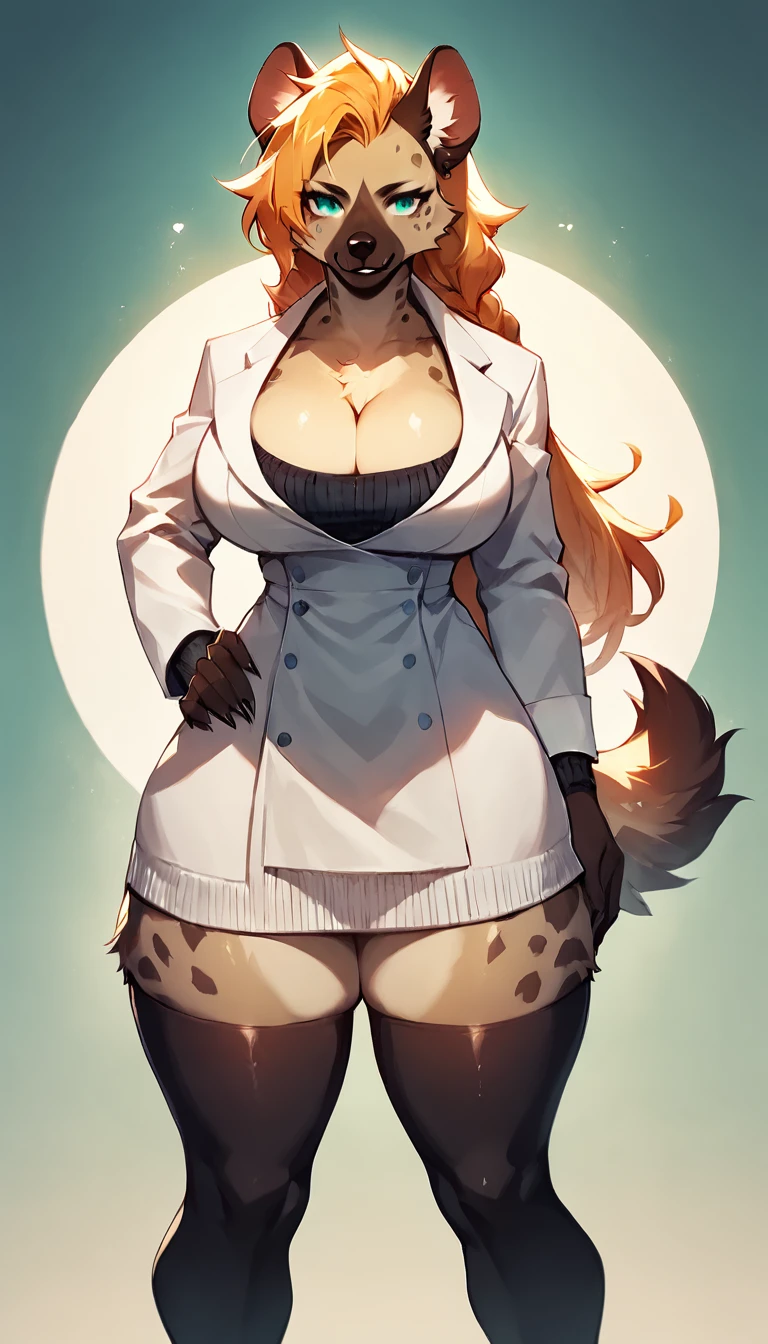 score_9, score_8_up, score_7_up, score_6_up, score_5_up, score_4_up, (solo), female anthro hyena, lab coat, knitted sweater hole dress, black thighhighs, lusty, fluffy body, long blond hair, turquoise eyes, (thick thighs:1.5)((( offering the breasts))) sex partial clothes, (((cleavage))) semi-butonned uniform niform, (barely_visible_booba) (she is standing) , giant breasts,