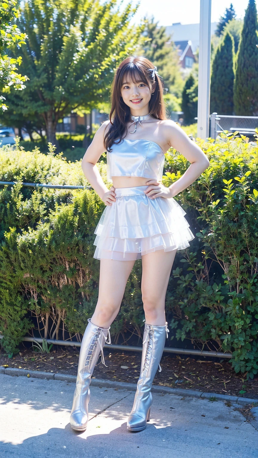 (8K、RAW Photos、Highest quality、masterpiece:1.2)、(Highest quality、Realistic)、1 Girl、((Tube top、mini skirt、Idol Costume、ribbon、Medium Hair、See-through、smile、silver、lame、Thin legs、whole body、boots、garden、View from the front、Looking into the camera、Stand with hands on hips))、cute