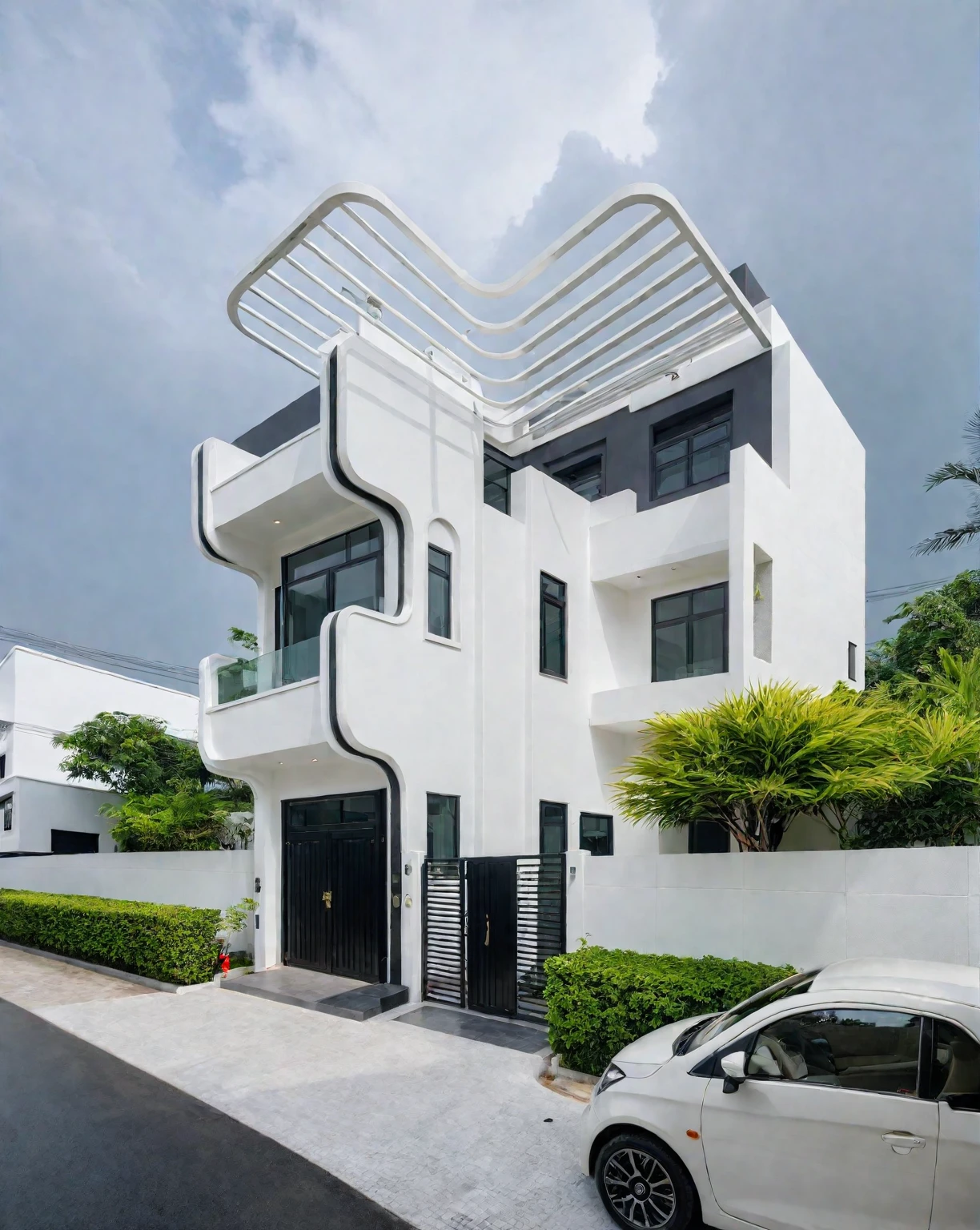 RAW photo, a photo of a modern villa, sidewalk, sidewalk trees, steel gate, road, viet nam modern residence, a car parked in front of it, rough white wall, new residential area, wide angle exterior 2022, contemporary house, exterior photography, masterpiece, contemporary architecture, overcast, indirect lighting