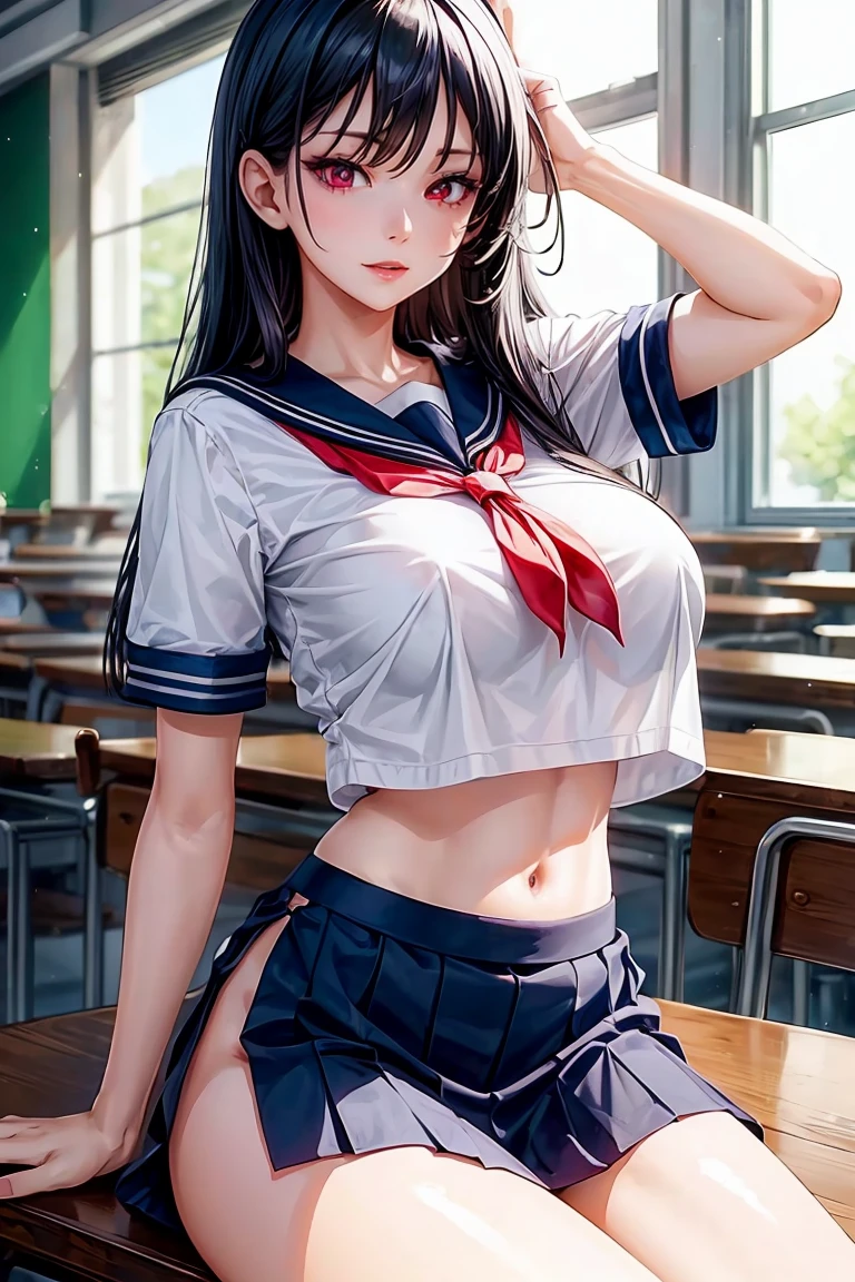 woman, sexy woman, mature female, mommy, black hair, red eyes, detailed eyes, detailed lips, big breasts, short sleeves sailor uniform, sit with crossed legs, classroom, evil smiling, seductive lips, adjusting hair, skirt, hunter eyes, look from below, slighty midriff, smoking