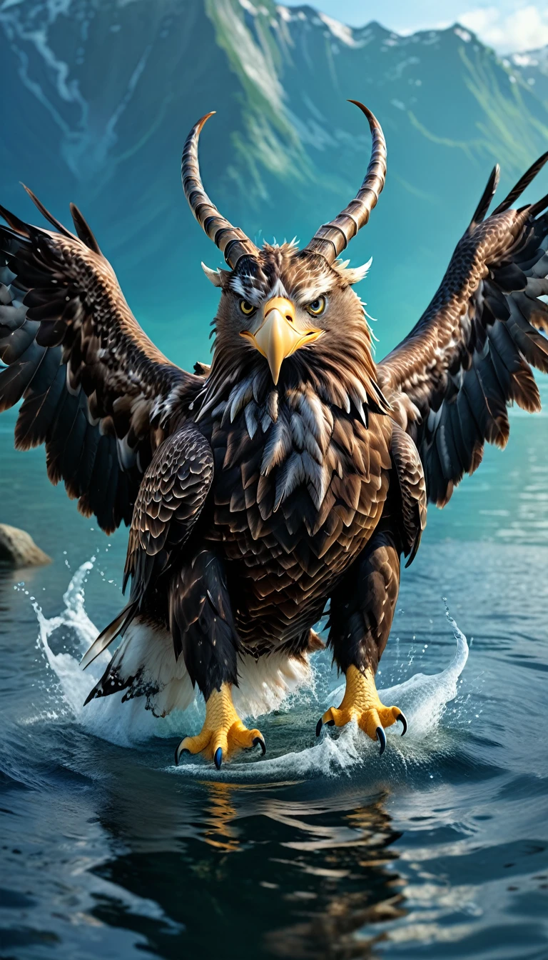Panorama，There is a beast in the water，Looks like an eagle，The head has double horns（best quality，4K，8K，High level，masterpiece：1.2），Ultra Detailed，（lifelike，Photo real，Photo real：1.37），Highly detailed animals，Complex patterns，Realistic lighting，Fantasy Creatures
