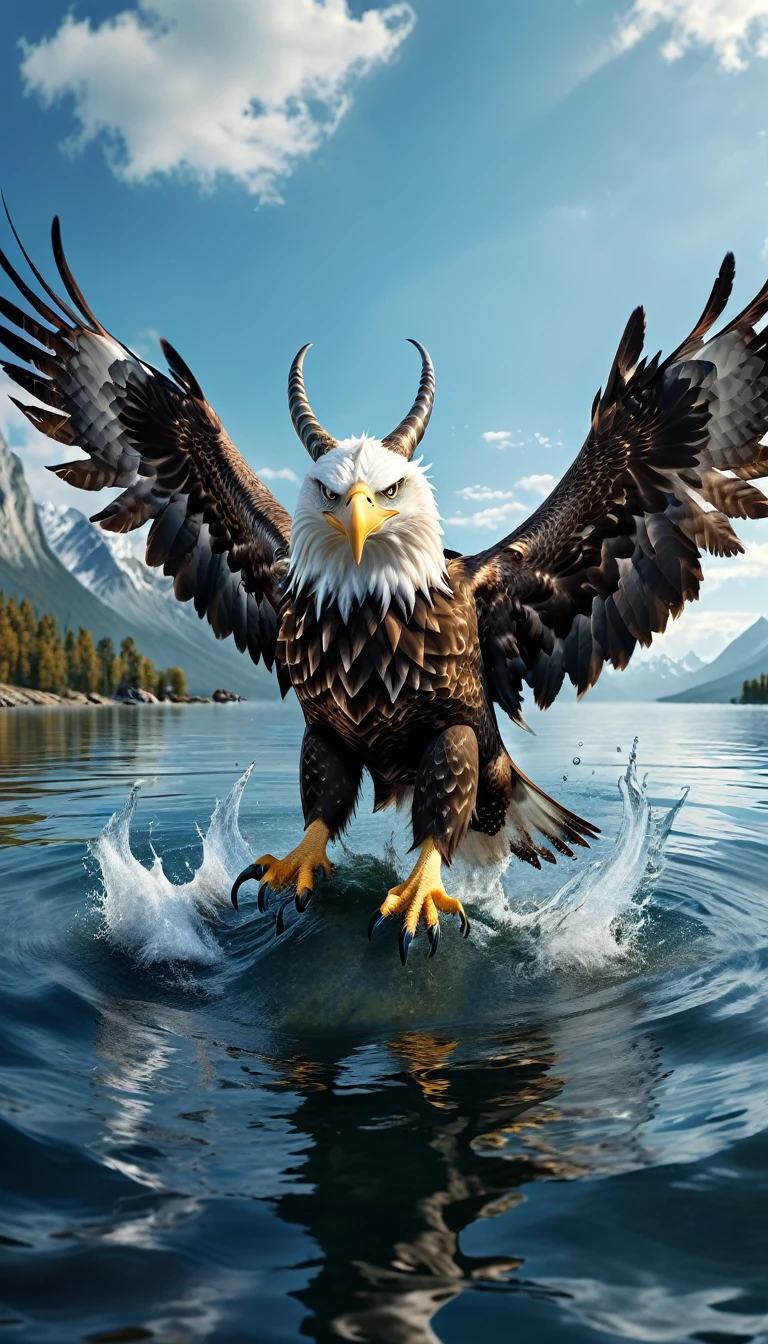 Panorama，There is a beast in the water，Looks like an eagle，The head has double horns（best quality，4K，8K，High level，masterpiece：1.2），Ultra Detailed，（lifelike，Photo real，Photo real：1.37），Highly detailed animals，Complex patterns，Realistic lighting，Fantasy Creatures