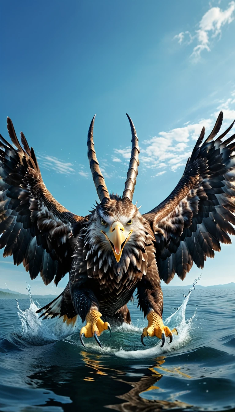 Panorama，There is a beast in the water，Looks like an eagle，The head has double horns（best quality，4K，8K，High level，masterpiece：1.2），Ultra Detailed，（lifelike，Photo real，Photo real：1.37），Highly detailed animals，Complex patterns，Realistic lighting，Fantasy Creatures