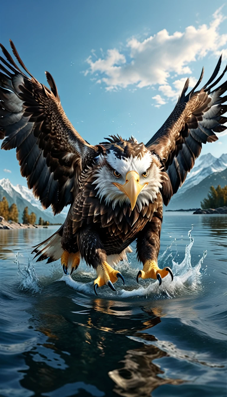 Panorama,There is a beast in the water,Looks like an eagle,The head has double horns(best quality,4K,8K,High level,masterpiece:1.2),Ultra Detailed,(lifelike,Photo real,Photo real:1.37),Highly detailed animals,Complex patterns,Realistic lighting,Fantasy Creatures