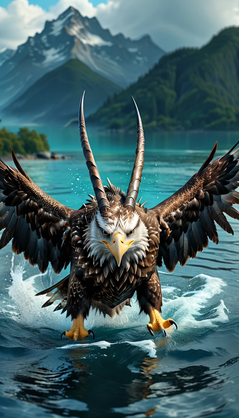 Panorama,There is a beast in the water,Looks like an eagle,The head has double horns(best quality,4K,8K,High level,masterpiece:1.2),Ultra Detailed,(lifelike,Photo real,Photo real:1.37),Highly detailed animals,Complex patterns,Realistic lighting,Fantasy Creatures