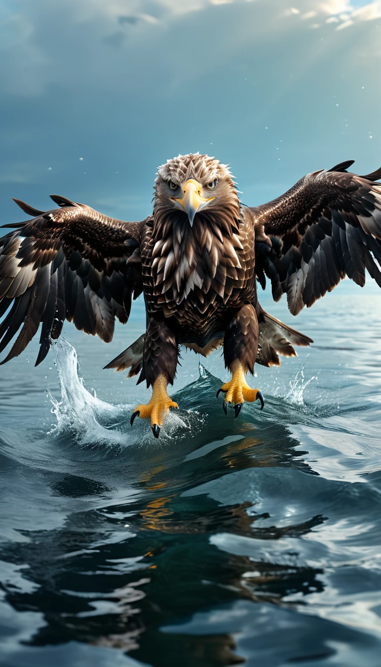Panorama,There is a beast in the water,Looks like an eagle,The head has double horns(best quality,4K,8K,High level,masterpiece:1.2),Ultra Detailed,(lifelike,Photo real,Photo real:1.37),Highly detailed animals,Complex patterns,Realistic lighting,Fantasy Creatures