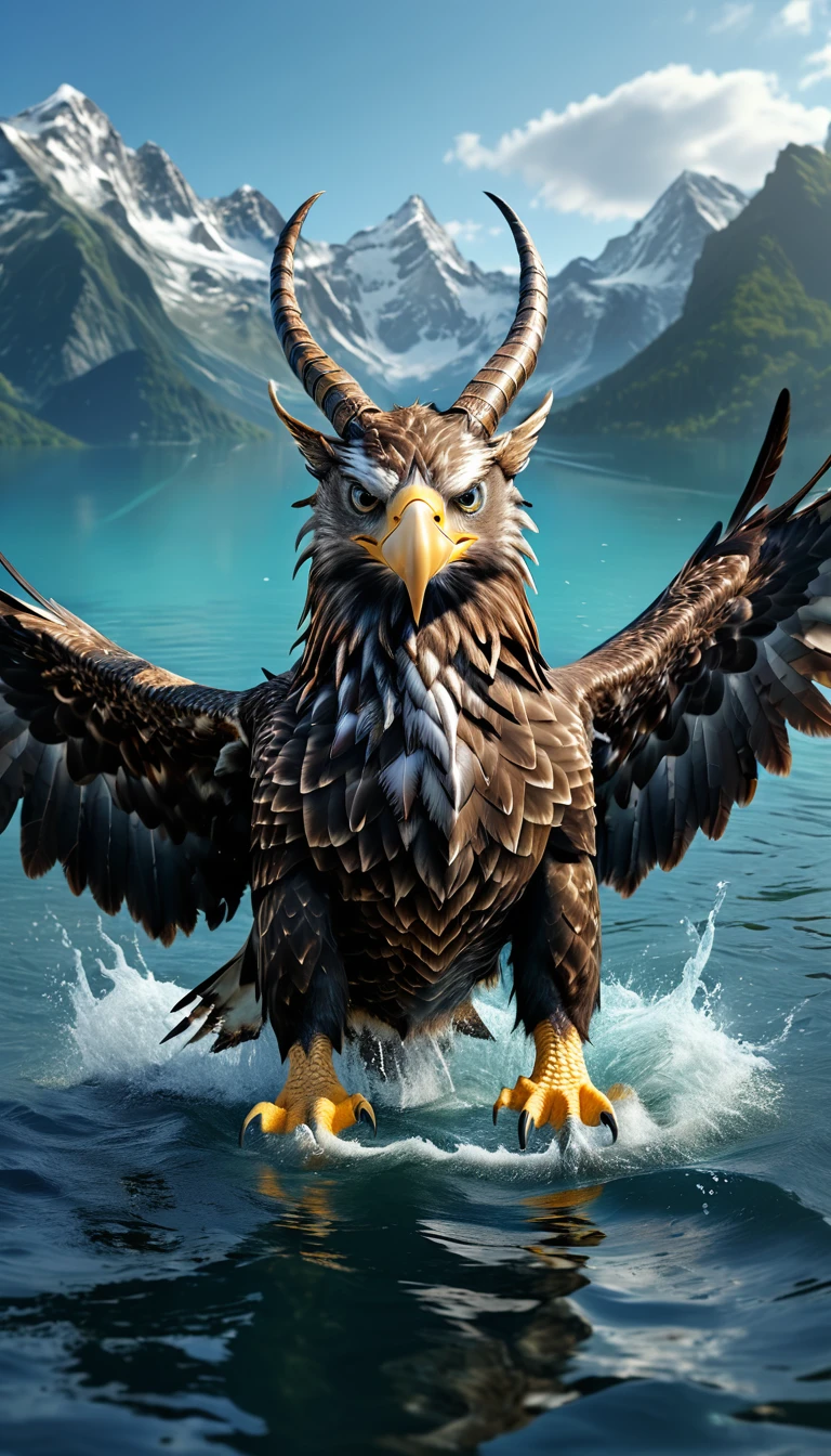 Panorama，There is a beast in the water，Looks like an eagle，The head has double horns（best quality，4K，8K，High level，masterpiece：1.2），Ultra Detailed，（lifelike，Photo real，Photo real：1.37），Highly detailed animals，Complex patterns，Realistic lighting，Fantasy Creatures