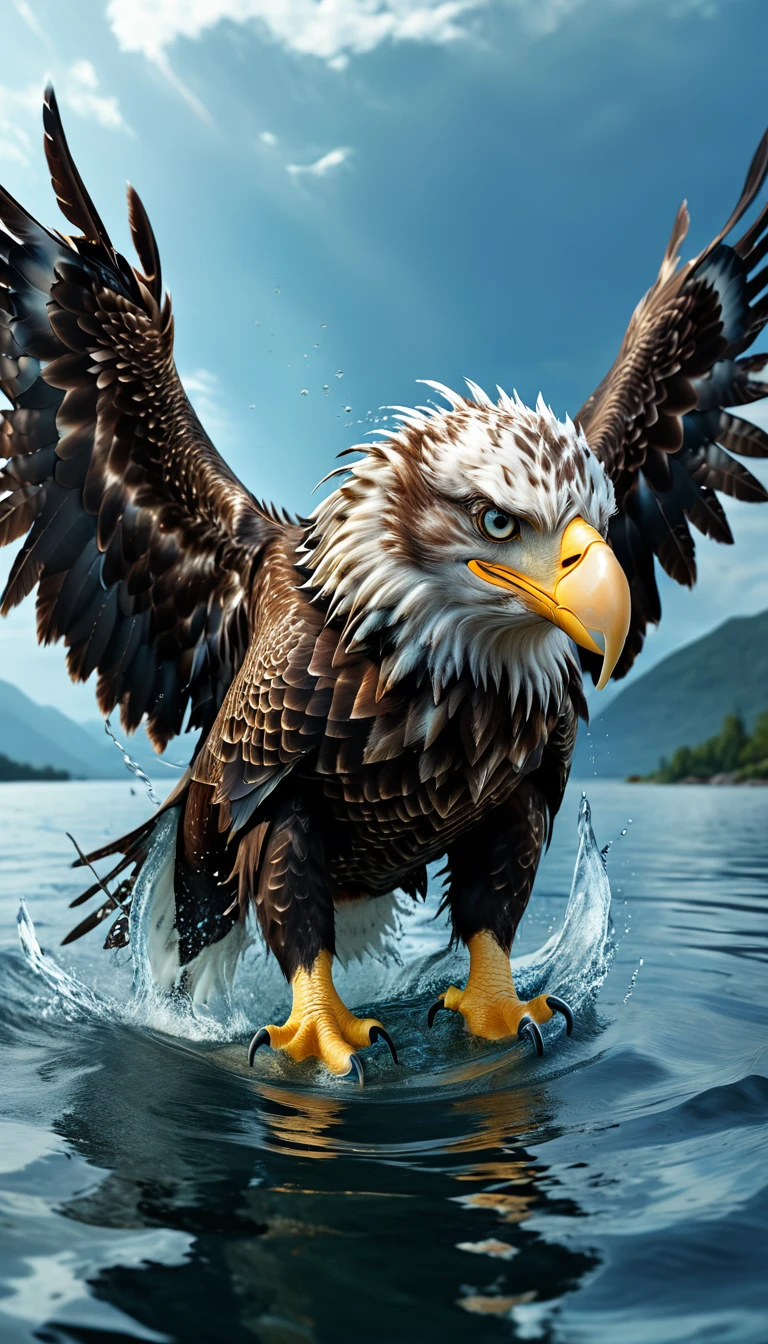 Panorama,There is a beast in the water,Looks like an eagle,The head has double horns(best quality,4K,8K,High level,masterpiece:1.2),Ultra Detailed,(lifelike,Photo real,Photo real:1.37),Highly detailed animals,Complex patterns,Realistic lighting,Fantasy Creatures