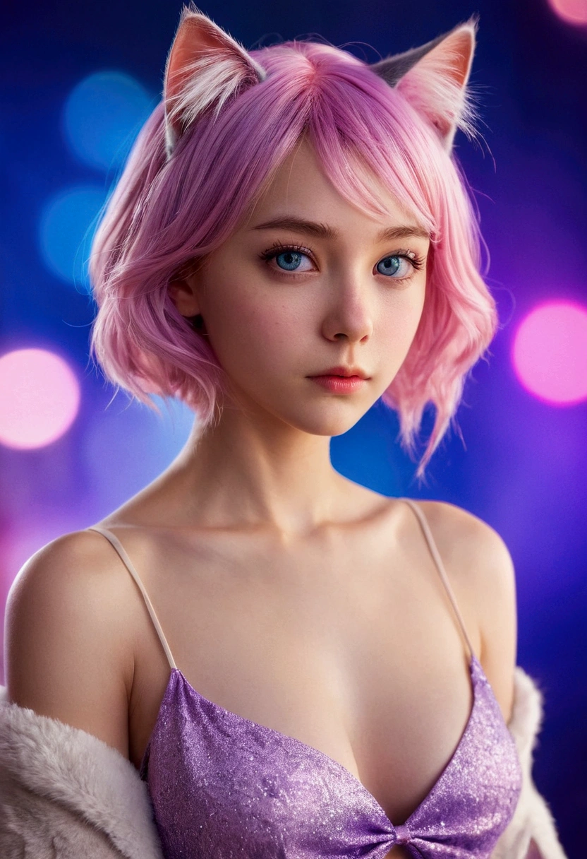 {{masterpiece}},{{Highest quality}},Bokeh,Awareness-raising,1 perfect portrait of a girl, A fascinating eye for perfect detail), Colorful Hair, (pink soft hair:1.6), (Cat ear:1.3), Nude, show off pussy, Slim and tall body type, Fantasy purple background, {Exposed bare shoulders},{Long-term alienation_sleeve}, {Lean forward slightly}, If you look up,hair ornaments,{shy},Please keep your mouth shut, Tilt your head,{Small breasts} ,Cinema Lighting,Larger clothes, ((Seductive pose)), Bright Blue Eyes, close