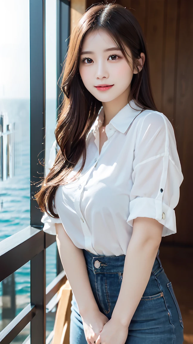 Oversized white collared shirt、full body shot、Complex and beautiful eyes、woman、Feminine hairstyle、Natural color lip、big breasts、valley、bold and sexy pose、smile、Ocean、((18歳woman:1.ung adorable japanese face, official art,Highly detailed CG Unity 8K wallpaper,(masterpiece:1.0),(highest quality:1.0), 超A high resolution,4K,Super detailed, photo shoot, 8K, nffsw, High resolution, kodak portrait 400, film grain, lens flare glow,高いest quality,8K,nffsw:1.2),portrait shot,8K、View viewer
