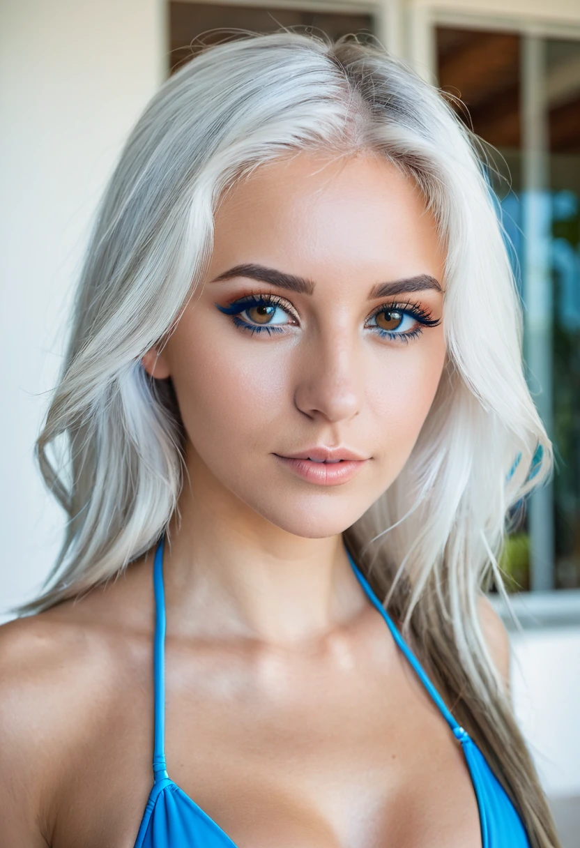 a beautifull girl, face detail, brown eyes, white hair, color caucasian type, blue bikini, in a modern villa