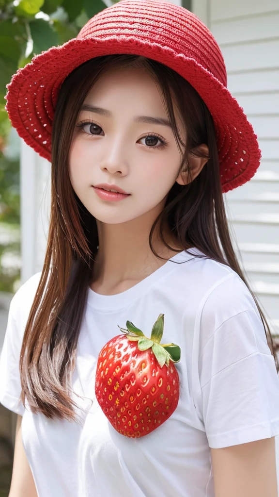 Strawberry hat、White T-shirt、Cute、True Face、2nd degree kinship、T-shirt with strawberry text