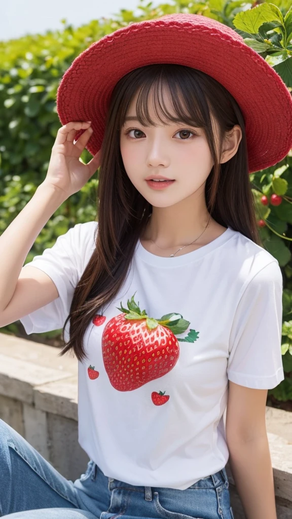 Strawberry hat、White T-shirt、Cute、True Face、2nd degree kinship、T-shirt with strawberry text