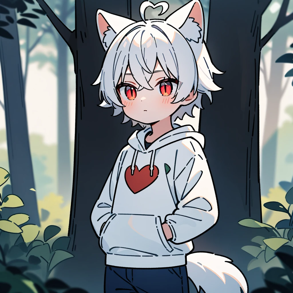 （masterpiece：1.2，high quality），8K，High resolution，A -year-boy，c boy，white hair，short hair，crossed bangs，red eyes，slit pupils，heart ahoge，cat ears，expressionless eyes，Wearing a white hoodie，Dark blue shorts，Stand in the forest，There are flowering trees on both sides.，primary scho，dog tail，（Put your hands in your pockets），（（Put your hands in your pockets））