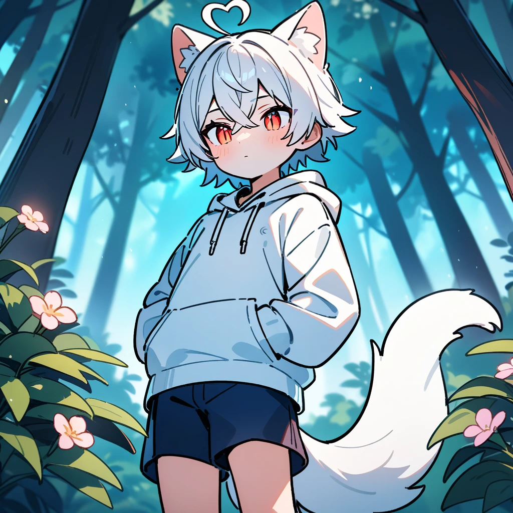 （masterpiece：1.2，high quality），8K，High resolution，A seven-year-old boy，cute boy，white hair，short hair，crossed bangs，red eyes，slit pupils，heart ahoge，cat ears，expressionless eyes，Wearing a white hoodie，Dark blue shorts，Stand in the forest，There are flowering trees on both sides.，primary school student，thigh，alone，dog tail，（Put your hands in your pockets），（（Put your hands in your pockets））