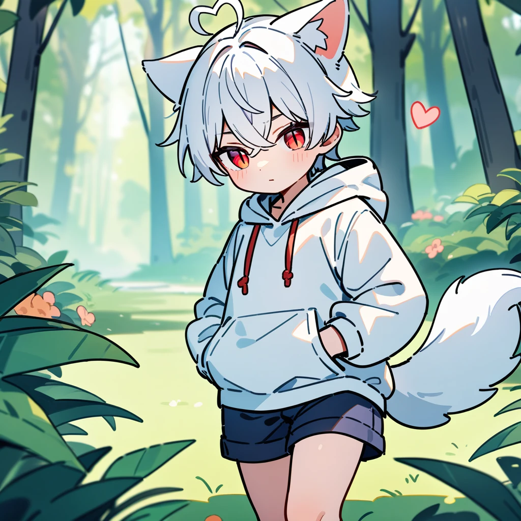 (masterpiece:1.2,high quality),8K,High resolution,A seven-year-old boy,cute boy,white hair,short hair,crossed bangs,red eyes,slit pupils,heart ahoge,cat ears,expressionless eyes,Wearing a white hoodie,Dark blue shorts,Stand in the forest,There are flowering trees on both sides.,primary school student,thigh,alone,dog tail,(Put your hands in your pockets),((Put your hands in your pockets))