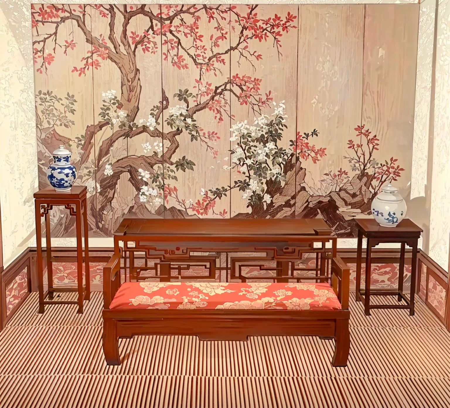 There is a room with a table, bench, There is a painting hanging on the wall, Exquisite furniture, Inspired by Xie Shichen, Oriental Wallpaper, Inspired by Wang Jian, Silk hanging scrolls, Pleasant environment, By Wen Boren, chinoiserie wallpaper, wonderful masterpiece, gujian, Hot ，, Placed in a large living room, Inspired by Yun Shouping