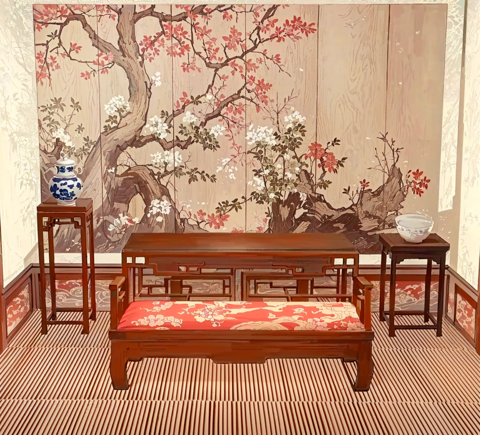 There is a room with a table, bench, There is a painting hanging on the wall, Exquisite furniture, Inspired by Xie Shichen, Oriental Wallpaper, Inspired by Wang Jian, Silk hanging scrolls, Pleasant environment, By Wen Boren, chinoiserie wallpaper, wonderful masterpiece, gujian, Hot ，, Placed in a large living room, Inspired by Yun Shouping