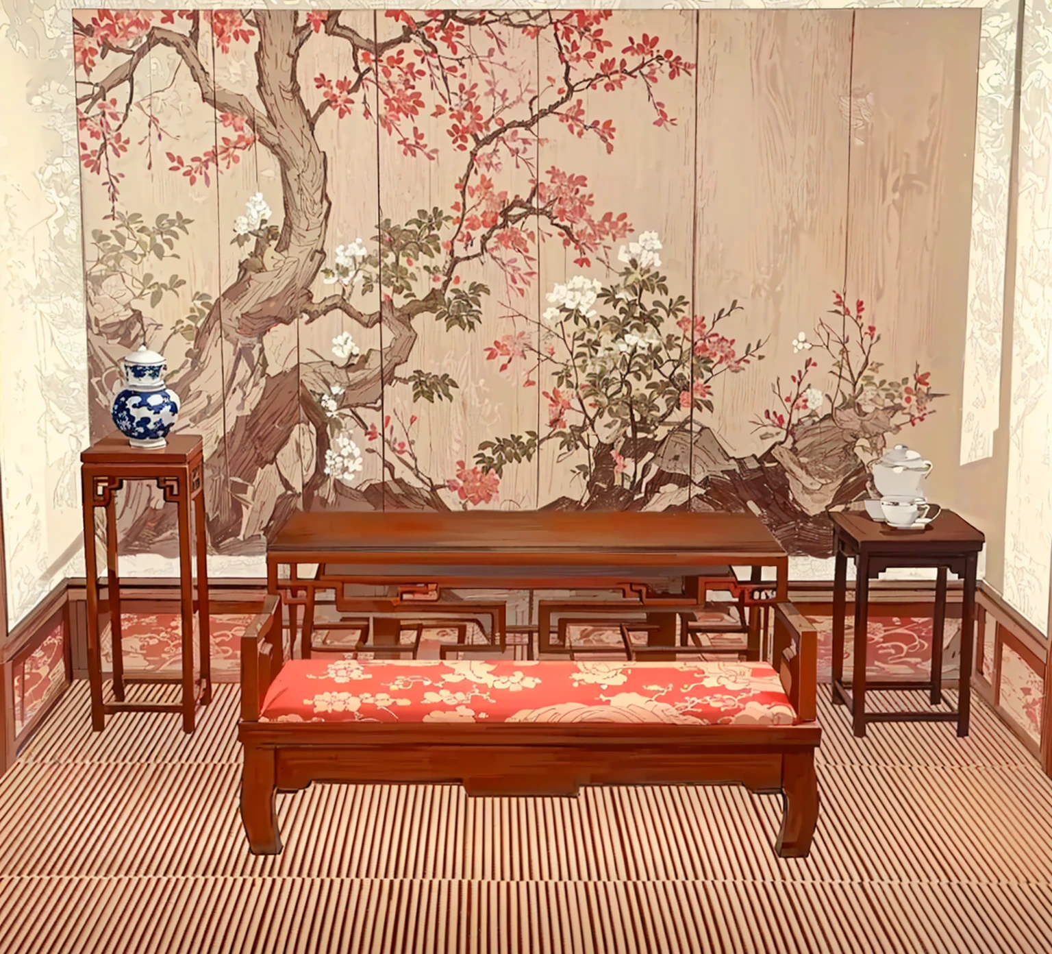 There is a room with a table, bench, There is a painting hanging on the wall, Exquisite furniture, Inspired by Xie Shichen, Oriental Wallpaper, Inspired by Wang Jian, Silk hanging scrolls, Pleasant environment, By Wen Boren, chinoiserie wallpaper, wonderful masterpiece, gujian, Hot ，, Placed in a large living room, Inspired by Yun Shouping