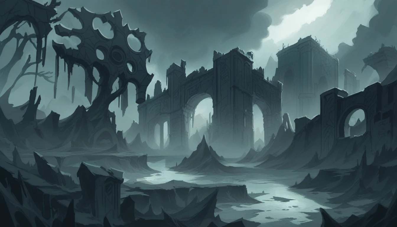 There is a painting of a castle in the middle of a lake, dark ruins landscape, Dark City Ruins, Dark fantasy environment, ruins landscape, Dota! Concept Art, background artwork, Game Art Painting, City ruins background, Dota Concept Art, dark concept art, Fantasy doomsday environment, Dark Matte Fantasy Painting, Background is ruins, dystopian dark.