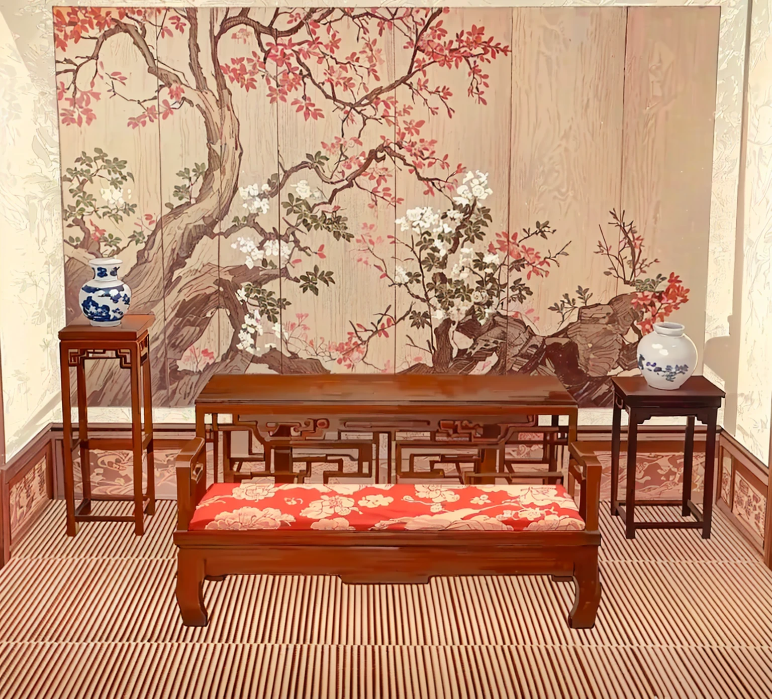 There is a room with a table, bench, There is a painting hanging on the wall, Exquisite furniture, Inspired by Xie Shichen, Oriental Wallpaper, Inspired by Wang Jian, Silk hanging scrolls, Pleasant environment, By Wen Boren, chinoiserie wallpaper, wonderful masterpiece, gujian, Hot ，, Placed in a large living room, Inspired by Yun Shouping