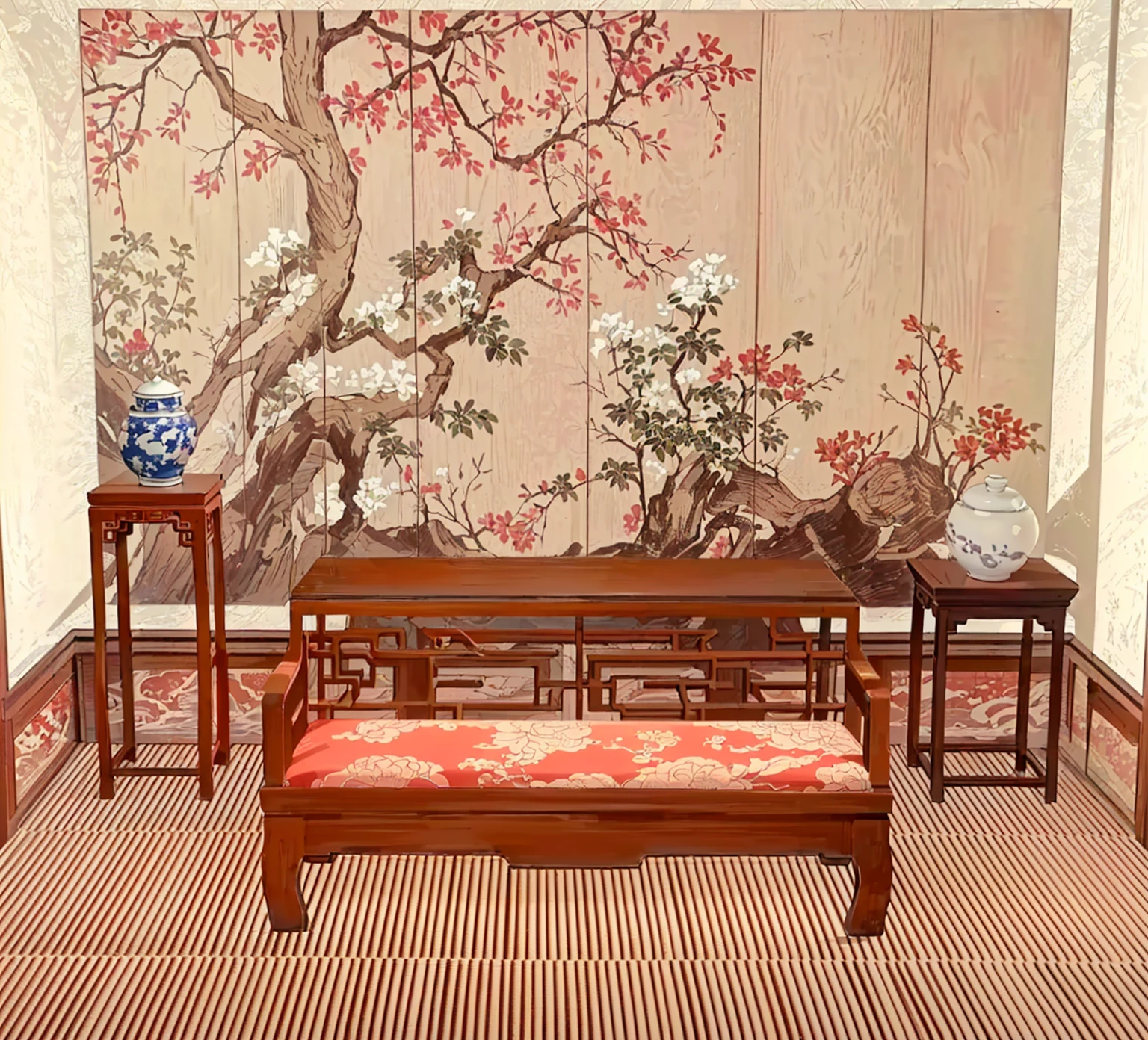 There is a room with a table, bench, There is a painting hanging on the wall, Exquisite furniture, Inspired by Xie Shichen, Oriental Wallpaper, Inspired by Wang Jian, Silk hanging scrolls, Pleasant environment, By Wen Boren, chinoiserie wallpaper, wonderful masterpiece, gujian, Hot ，, Placed in a large living room, Inspired by Yun Shouping