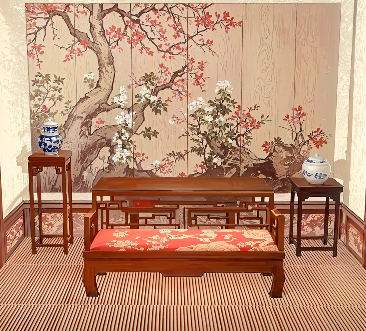 There is a room with a table, bench, There is a painting hanging on the wall, Exquisite furniture, Inspired by Xie Shichen, Oriental Wallpaper, Inspired by Wang Jian, Silk hanging scrolls, Pleasant environment, By Wen Boren, chinoiserie wallpaper, wonderful masterpiece, gujian, Hot ，, Placed in a large living room, Inspired by Yun Shouping