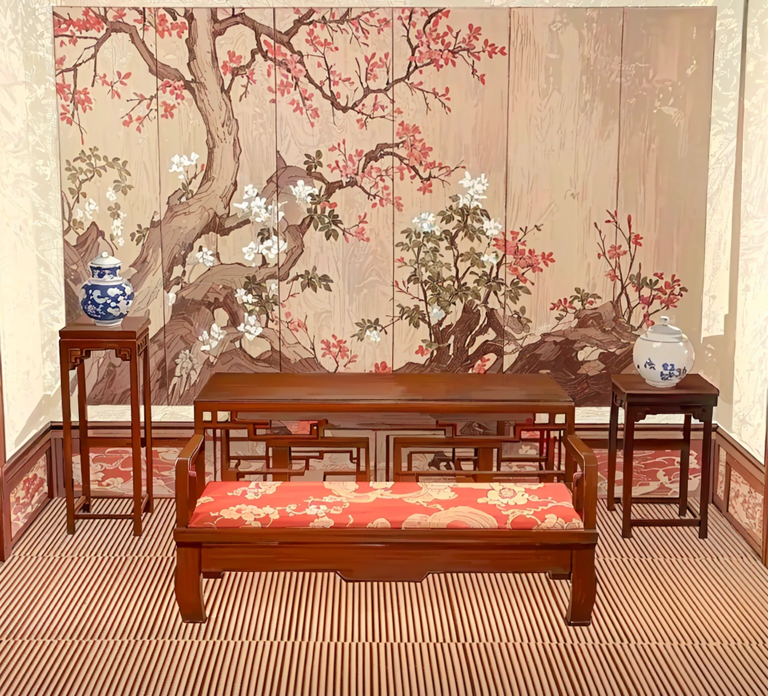 There is a room with a table, bench, There is a painting hanging on the wall, Exquisite furniture, Inspired by Xie Shichen, Oriental Wallpaper, Inspired by Wang Jian, Silk hanging scrolls, Pleasant environment, By Wen Boren, chinoiserie wallpaper, wonderful masterpiece, gujian, Hot ，, Placed in a large living room, Inspired by Yun Shouping