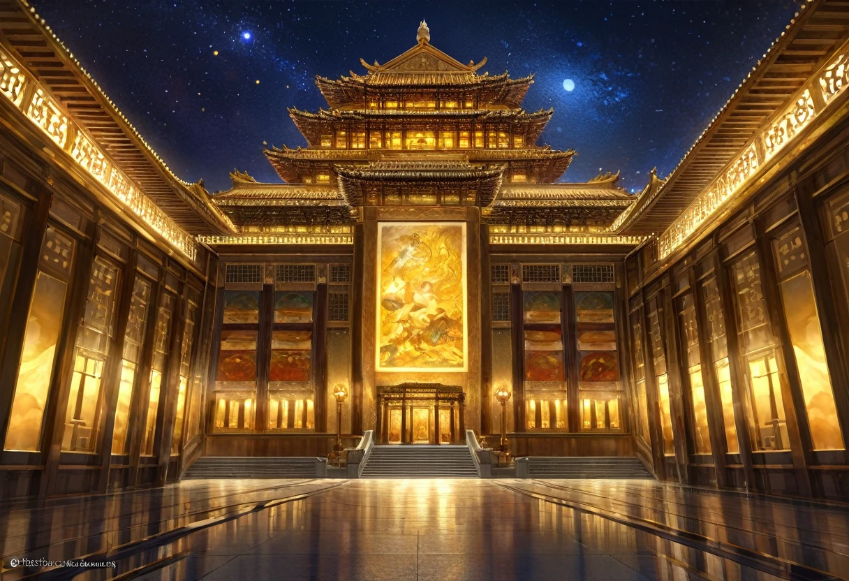 golden palace, gold lighting, riches, night, HDR, 4k resolution, (painting realistic : 1.3), (ultra high resolution: 1.0 ), (((best quality, 8 thousand, masterpiece:1.4))