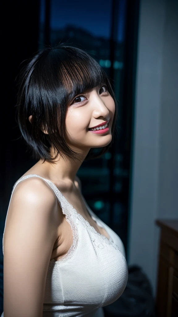 20-year-old, 8K, RAW Portrait (Japanese Girls), photo Realistic, Ultra-high resolution, Highest quality, Actual photo , dramatic, Atmospheric, Realistic,
One girl, a very beautiful Japanese Girls, Glamorous shot of a girl, smile,Bobcut,Textured skin,Good,panty,underwear,Hotel,(night),lips,Big and beautiful eyes, Beautifully detailed nose,Big Breasts,View your viewers, 