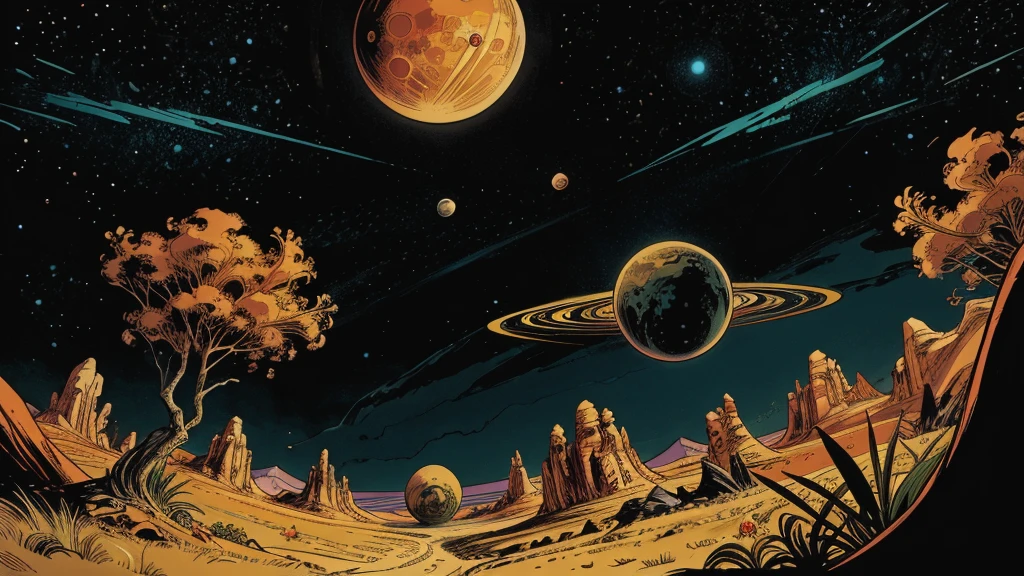 An artist's rendering of an exoplanet, strange plants, strange animals, flying creatures in the style of 1950s-70s comic book art. Use bold outlines, halftone patterns. Employ intense, saturated colors reminiscent of vintage four-color printing. Maintain a psychedelic, otherworldly atmosphere with swirling, colorful skies and strange celestial bodies. Emphasize the contrast between light and shadow to create a dramatic, pulp sci-fi feel. 