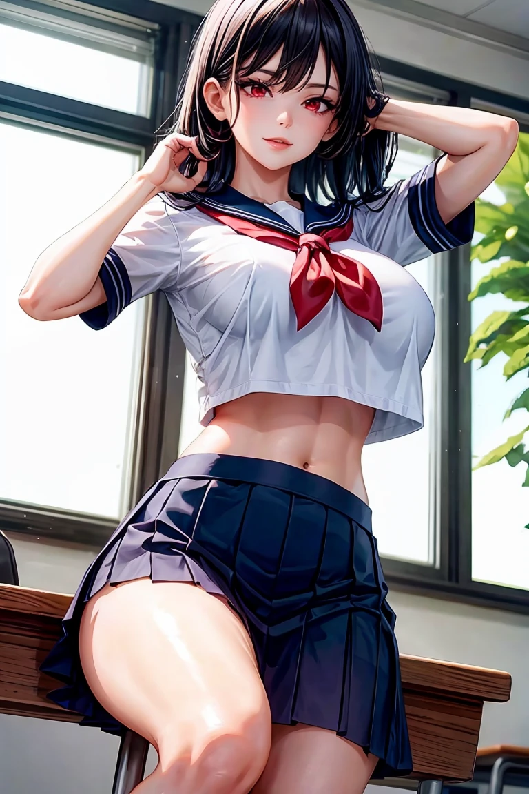 woman, sexy woman, mature female, mommy, black hair, red eyes, detailed eyes, detailed lips, big breasts, short sleeves sailor uniform, sit with crossed legs, classroom, evil smiling, seductive lips, adjusting hair, skirt, hunter eyes, look from below, slighty midriff, smoking