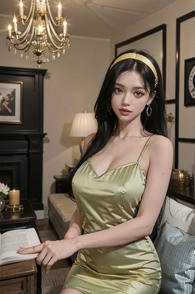 cowboy shot,yor_briar, 1girl, sweet girl, bare arms, black short dress, sidelocks, bare shoulders, bare arms, sleeveless, black hair, golden hairband, golden hair flowers, standing, ((upper body)), indoors, living room, sofa, decorations, chandelier, book stack,
