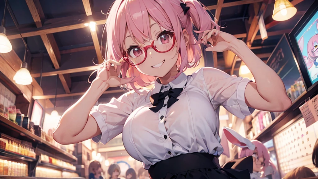 solo,whole body,Standing position right,Light pink hair,Bob Hair,Red Glasses,Bunny girl,Bingo Games,smile,Big Breasts,cute