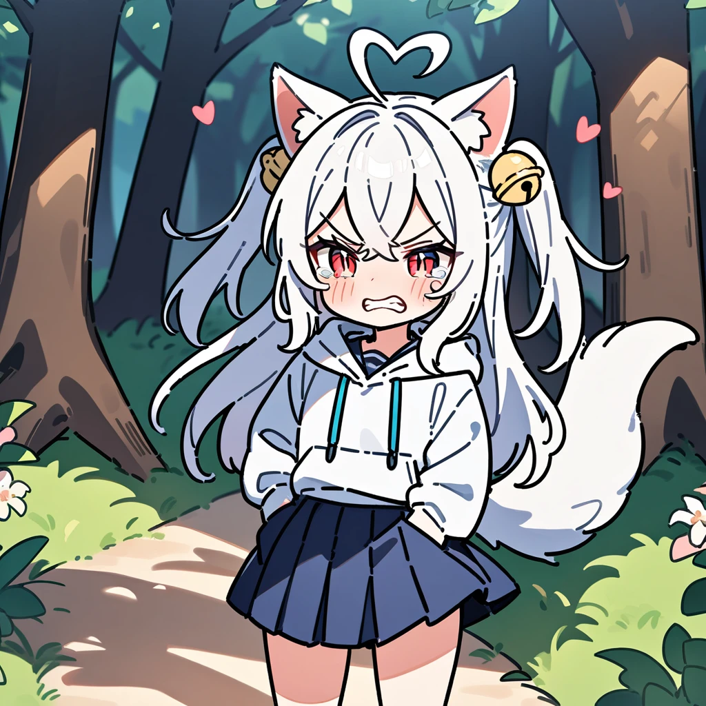 (masterpiece:1.2,high quality),8K,High resolution,A seven-year-old girl,cute girl,white hair,long hair,hair two side up,hair bell,crossed bangs,red eyes,slit pupils,heart ahoge,cat ears,angry,clenched teeth,tears,Wearing a white hoodie,Dark blue pleated skirt,Stand in the forest,There are flowering trees on both sides.,primary school student,thigh,alone,dog tail,(Put your hands in your pockets),((Put your hands in your pockets))