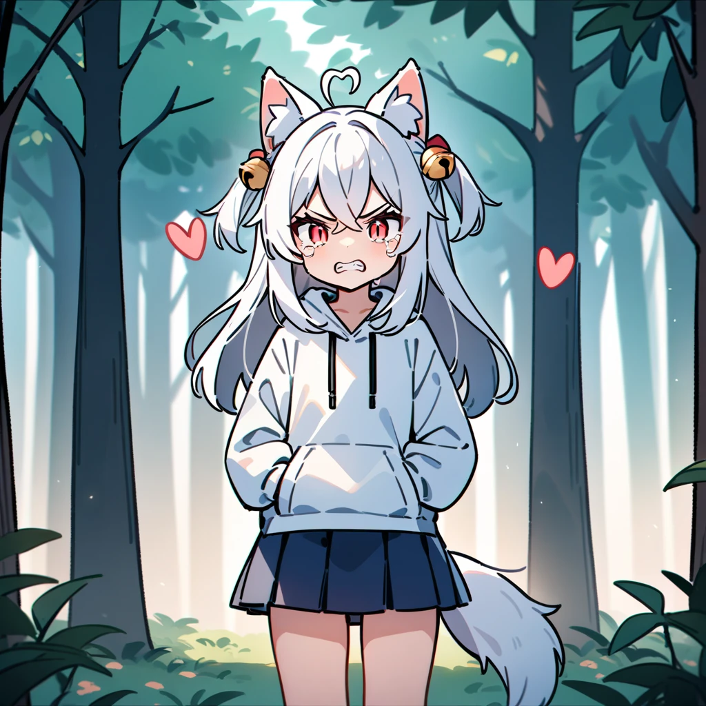 （masterpiece：1.2，high quality），8K，High resolution，A seven-year-old girl，cute girl，white hair，long hair，hair two side up，hair bell，crossed bangs，red eyes，slit pupils，heart ahoge，cat ears，angry，clenched teeth，tears，Wearing a white hoodie，Dark blue pleated skirt，Stand in the forest，There are flowering trees on both sides.，primary school student，thigh，alone，dog tail，（Put your hands in your pockets），（（Put your hands in your pockets））