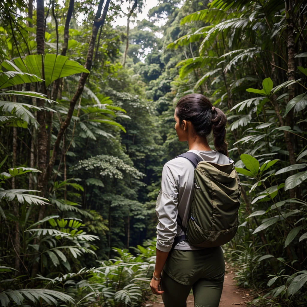 view from the back, a woman in hiking clothes walks through the jungle, a monkey sits on her shoulder