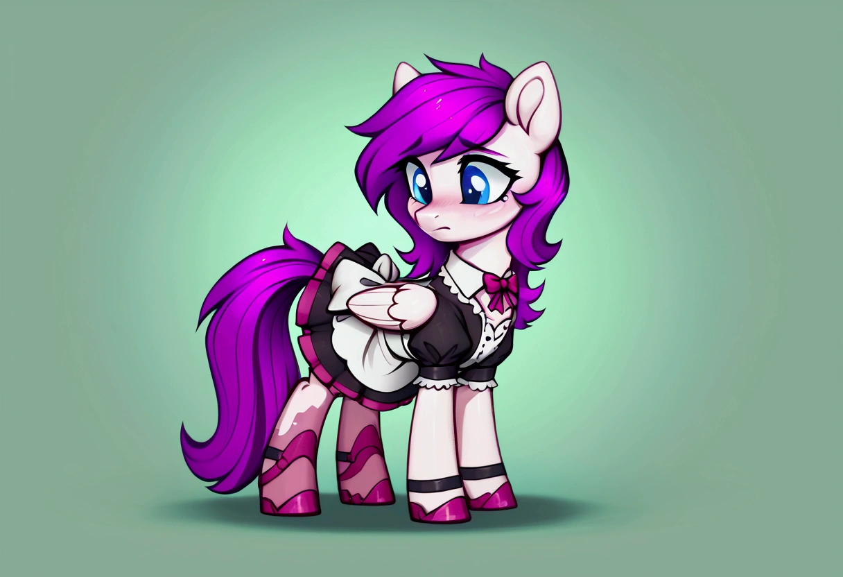 score_9,score_8_up,score_7_up,score_6_up, ((my little pony)), radiant lighting, vibrant colors, whimsical atmosphere, 8K, high resolution, highly detailed, masterpiece, (shy look), ((pony body)), white body, pink hair, blue eyes, maid costume